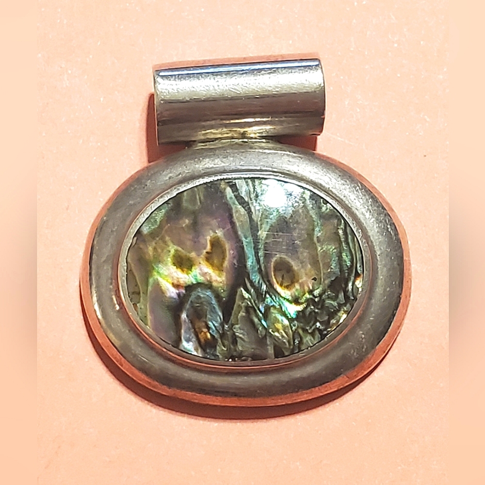20 grams solid 925 sterling silver, vintage, Mexico abalone pendant with bale